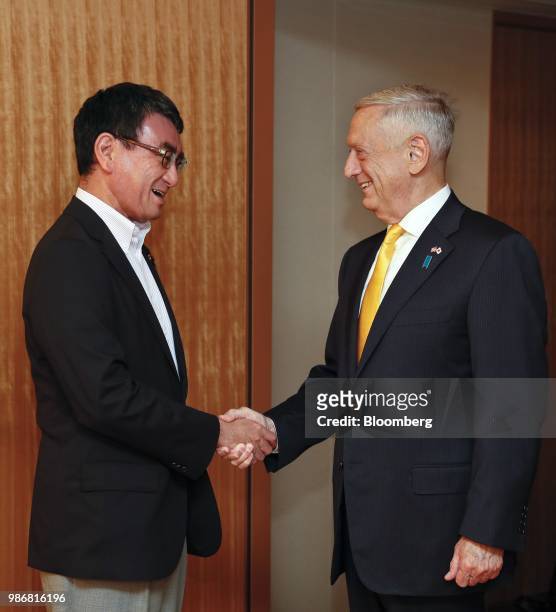 James Mattis, U.S. Secretary of defense, right, shakes hands with Taro Kono, Japan's foreign minister, ahead of their meeting at the Ministry of...
