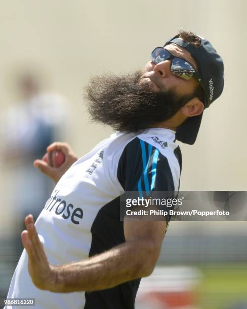 Moeen Ali of England bowls in the nets during a training session before the 1st Test match between England and Sri Lanka at Lord's Cricket Ground,...