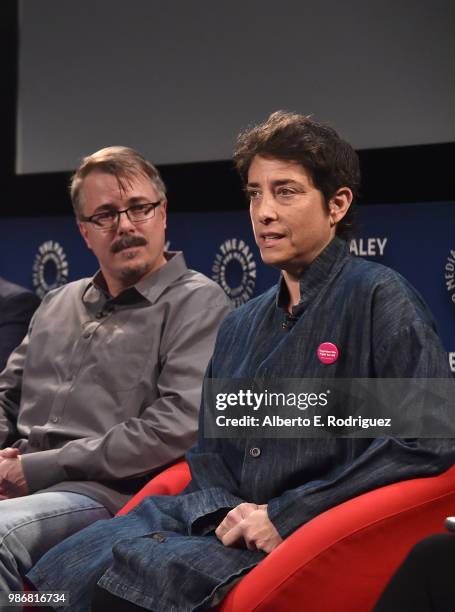 Vince Gilligan and Carolyn Strauss attend The Paley Center For Media Presents CNN's The 2000s: A Look Back At The Dawn Of TV's New Golden Age at The...