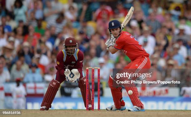 England batsman Alex Hales prepares to hit the ball during the 2nd Twenty20 International between West Indies and England at the Kensington Oval,...