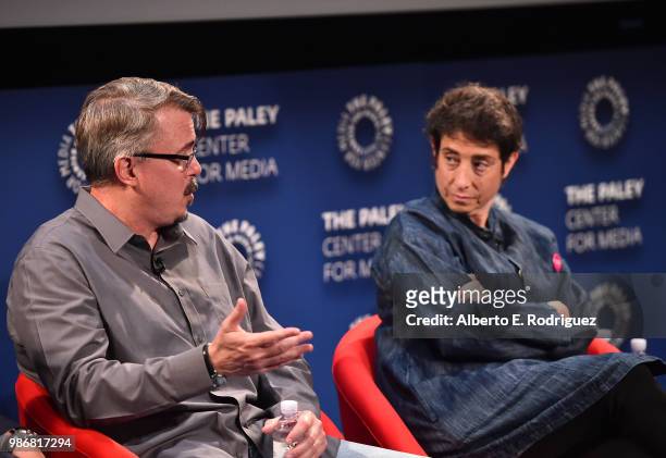 Vince Gilligan and Carolyn Strauss attend The Paley Center For Media Presents CNN's The 2000s: A Look Back At The Dawn Of TV's New Golden Age at The...