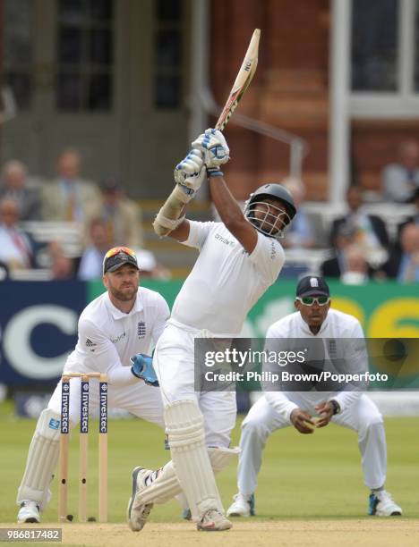 Kumar Sangakkara of Sri Lanka hits out during his innings of 147 in the 1st Test match between England and Sri Lanka at Lord's Cricket Ground,...