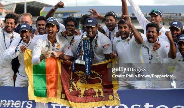 The Sri Lanka team celebrate winning the Investec Series 1-0 after they defeated England in the 2nd Test match by 100 runs at Headingley, Leeds, 24th...