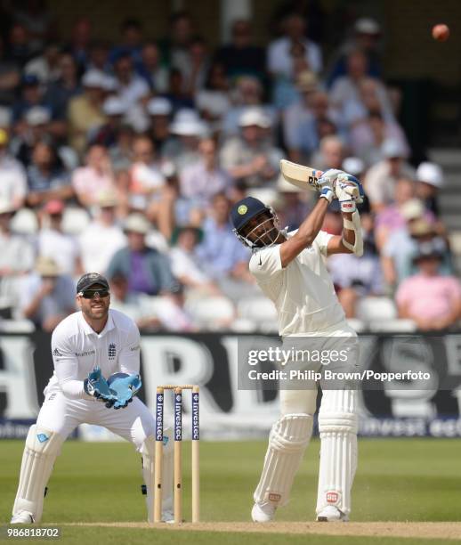 Mohammed Shami of India hits out during his innings of 51 not out in the 1st Test match between England and India at Trent Bridge, Nottingham, 10th...