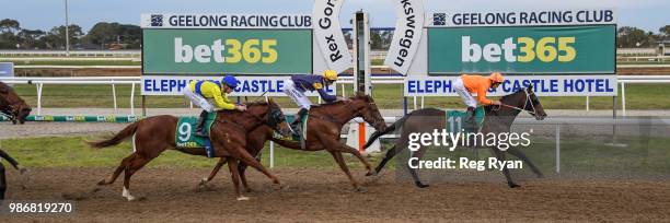 Lovewithouttragedy ridden by Dwayne Dunn wins the IGA Liquor BM64 Handicap at Geelong Synthetic Racecourse on June 29, 2018 in Geelong, Australia.