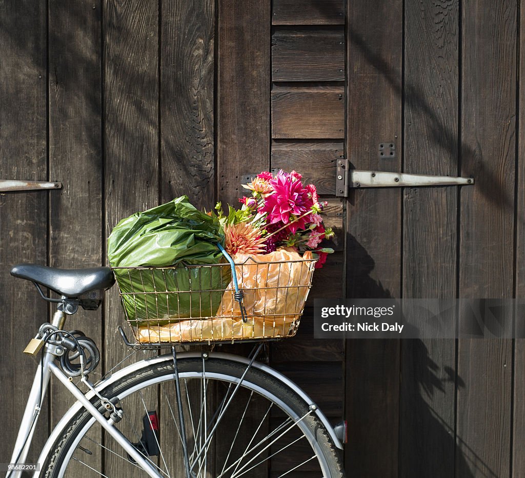 Cropped bike basket containing shopping