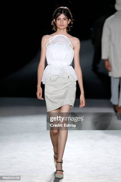 Model walks the runway at the Antonio Miro show during the Barcelona 080 Fashion Week on June 27, 2018 in Barcelona, Spain.