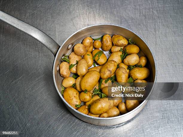 a steel pan containing new potatoes - neue kartoffel gekocht stock-fotos und bilder
