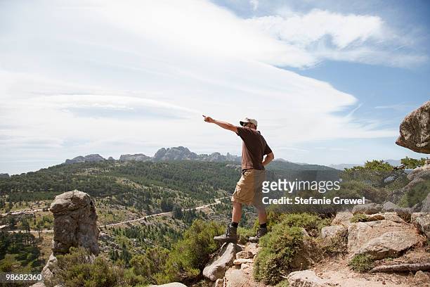 man on a cliff pointing - stefanie grewel 個照片及圖片檔