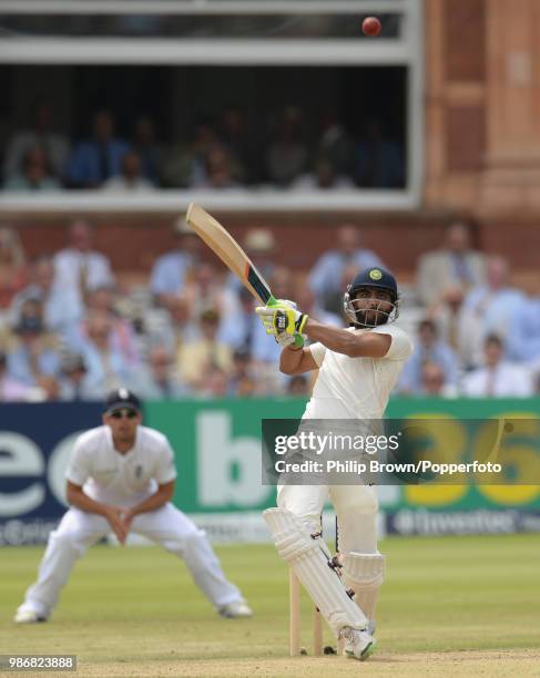 Ravi Jadeja of India hits out during his innings of 68 runs in the 2nd Test match between England and India at Lord's Cricket Ground, London, 20th...