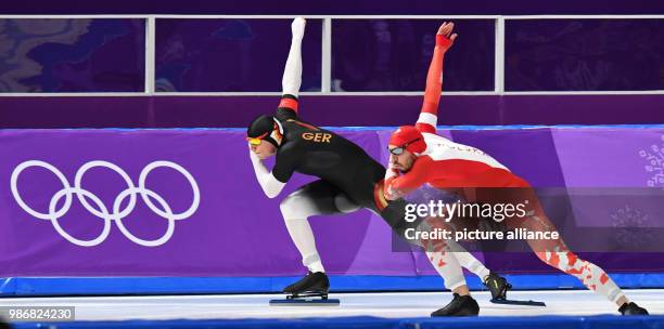 Olympia, Speed Skating, Men, 500 Metres, Gangneung Oval: Nico Ihle from Germany and Artur Was from Poland. Photo: Peter Kneffel/dpa