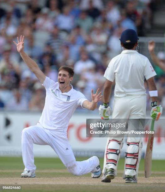 Chris Woakes of England appeals successfully for the wicket of India's Murali Vijay during the 4th Test match between England and India at Old...