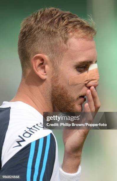 Stuart Broad of England feels his nose during a training session before the 5th Test match between England and India at The Oval, London, 14th August...