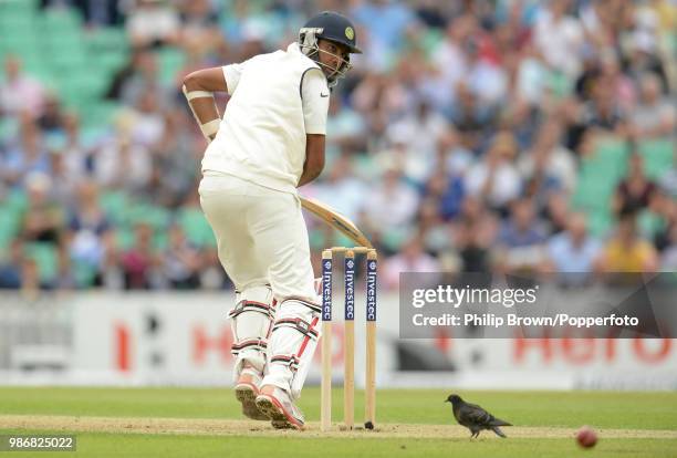Ravichandran Ashwin of India edges the ball past the stumps during the 5th Test match between England and India at The Oval, London, 15th August...