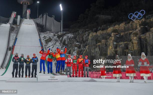 February 2018, South Korea, Pyeongchang, Olympics, ski jumping, team jumping, large hill, mens, Alpensia Sliding Centre:Daniel Andre Tande , Andreas...