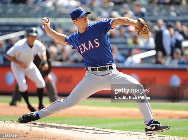 Rich Harden of the Texas Rangers pitches during the game against the New York Yankees at Yankee Stadium in the Bronx, New York on April 14, 2010. The...