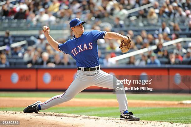 Rich Harden of the Texas Rangers pitches during the game against the New York Yankees at Yankee Stadium in the Bronx, New York on April 14, 2010. The...