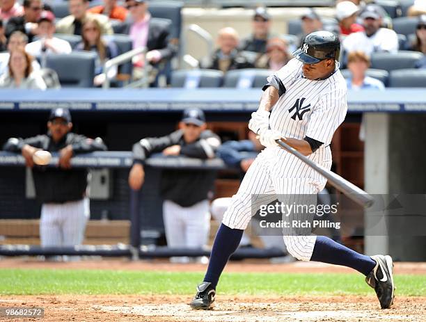 Curtis Granderson of the New York Yankees bats during the game against the Texas Rangers at Yankee Stadium in the Bronx, New York on April 14, 2010....