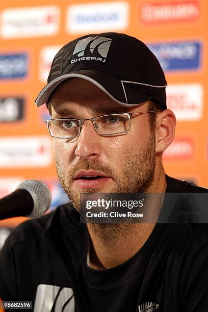 Daniel Vettori of New Zealand talks to the media during a press conference ahead of the ICC T20 World Cup at the Pegasus Hotel on April 26, 2010 in...