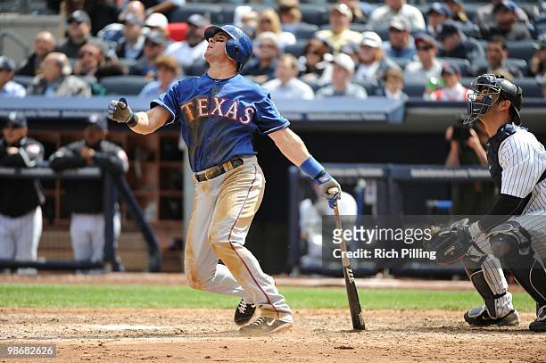 Michael Young of the Texas Rangers bats during the game against the New York Yankees at Yankee Stadium in the Bronx, New York on April 14, 2010. The...