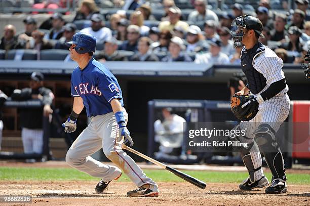 Michael Young of the Texas Rangers bats during the game against the New York Yankees at Yankee Stadium in the Bronx, New York on April 14, 2010. The...