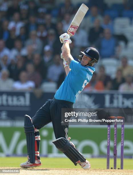 Ben Stokes of England hits out during the 5th Royal London One Day International between England and India at Headingley, Leeds, 5th September 2014....