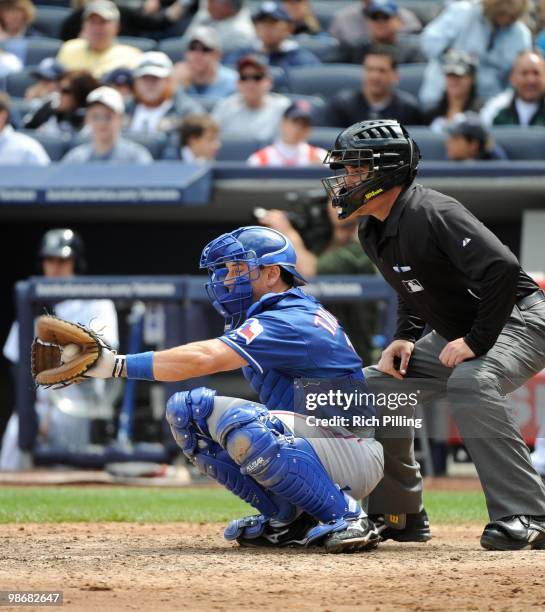 Matt Treanor of the Texas Rangers catches during the game against the New York Yankees at Yankee Stadium in the Bronx, New York on April 14, 2010....