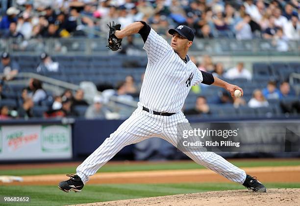 Andy Pettitte of the New York Yankees pitches during the game against the Texas Rangers at Yankee Stadium in the Bronx, New York on April 14, 2010....