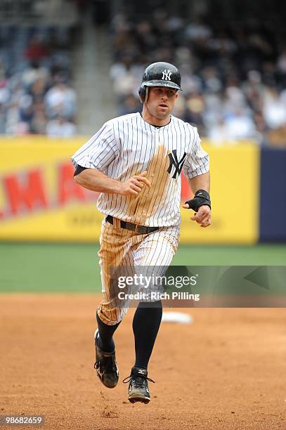 Brett Gardner of the New York Yankees runs during the game against the Texas Rangers at Yankee Stadium in the Bronx, New York on April 14, 2010. The...