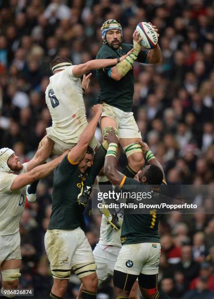 Victor Matfield of South Africa catches the line-out ball under pressure from Tom Wood of England during the QBE International match between England...