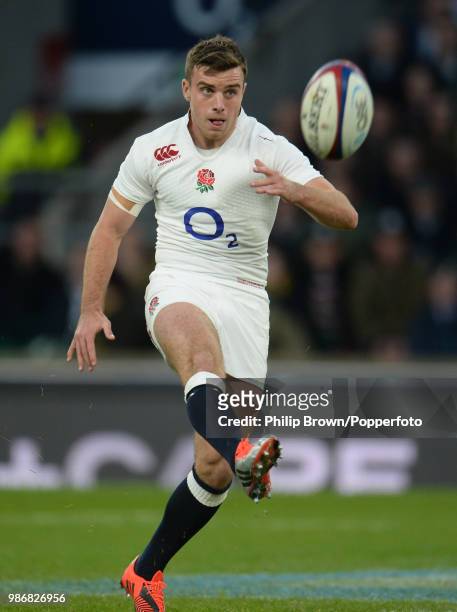 George Ford of England kicks the ball during the QBE International match between England and South Africa at Twickenham Stadium, London, 15th...