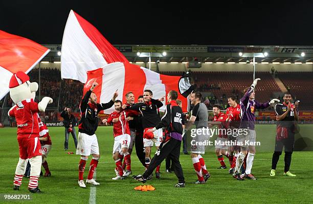 Players of Cottbus celebrate after winning the Second Bundesliga match between FC Energie Cottbus and 1.FC Union Berlin at Stadion der Freundschaft...