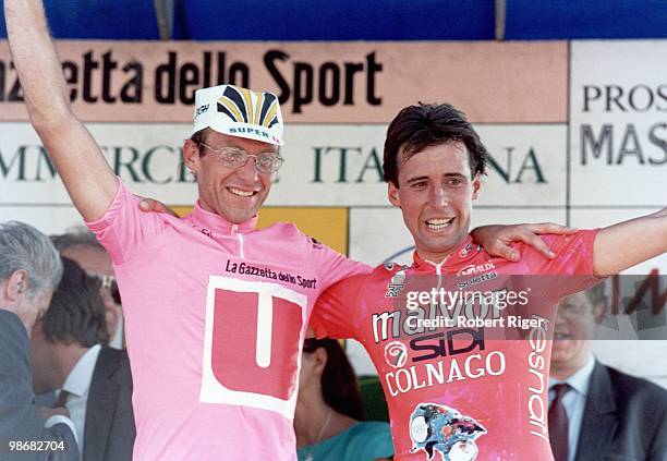Winner Laurent Fignon of France and runner up Flavio Giupponi of Italy celebrate following the 1989 Giro d'Italia on June 10, 1989 in Italy.