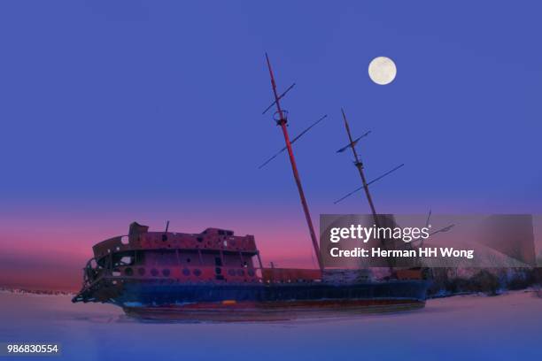 ship wreck grande hermine in winter blue hour - hermine stock pictures, royalty-free photos & images