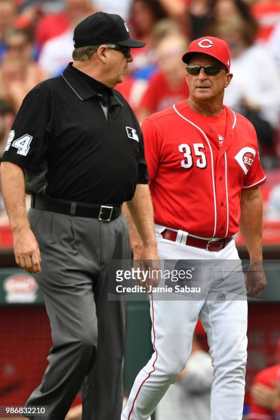 Interim Manager Jim Riggleman of the Cincinnati Reds talks with umpire Jerry Layne during a game against the Chicago Cubs at Great American Ball Park...