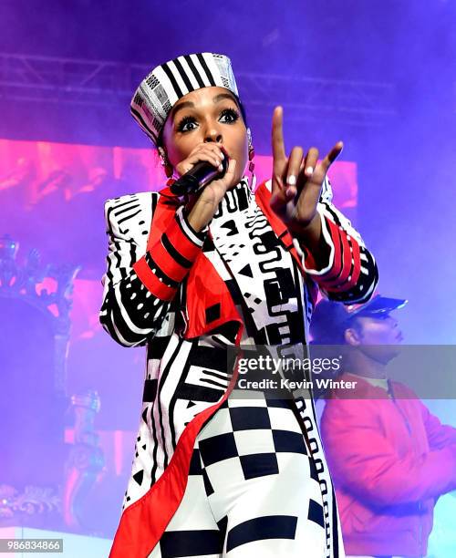 Janelle Monae performs at the Greek Theatre on June 28, 2018 in Los Angeles, California.