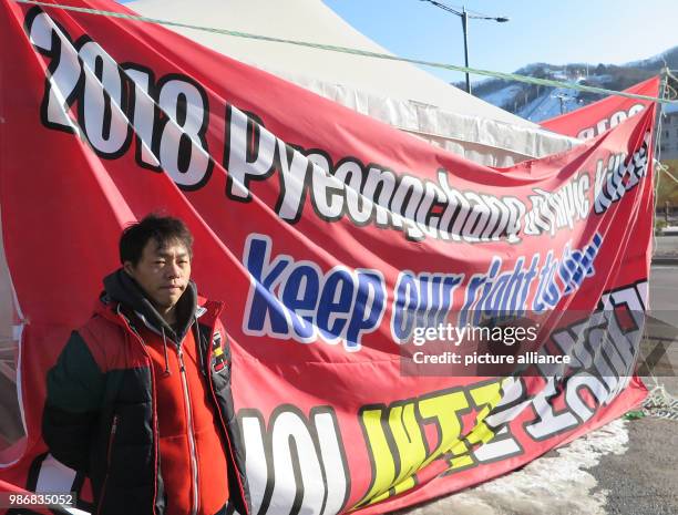 Febuary 2018, South Korea, Pyeongchang: the owner of a ski and snowboard rental business, Bae Sang Beom, who is protesting outside the Olympic area...