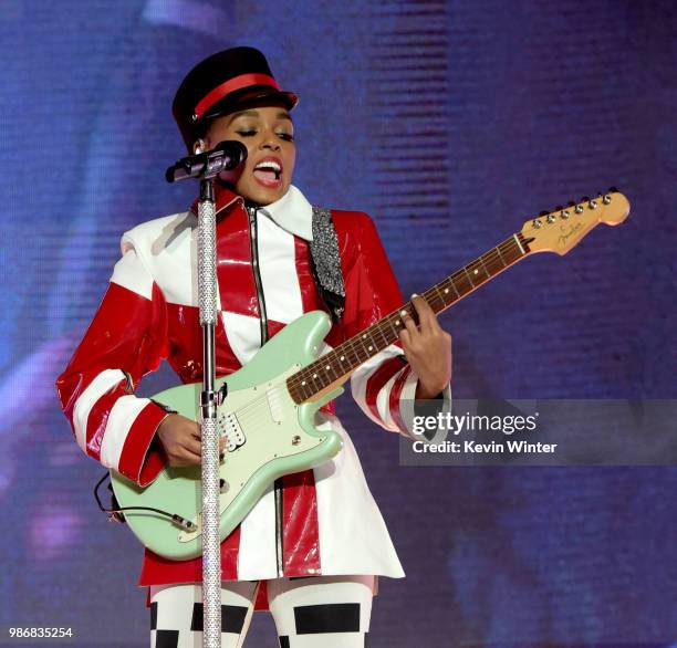 Janelle Monae performs at the Greek Theatre on June 28, 2018 in Los Angeles, California.