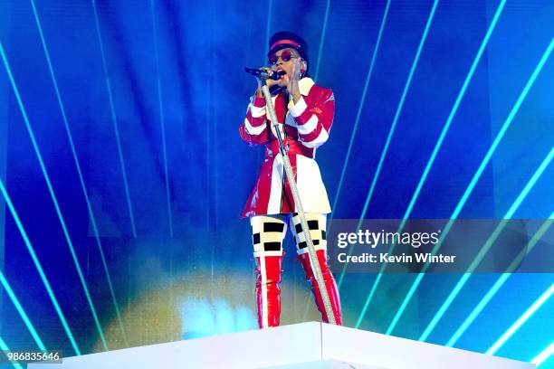 Janelle Monae performs at the Greek Theatre on June 28, 2018 in Los Angeles, California.