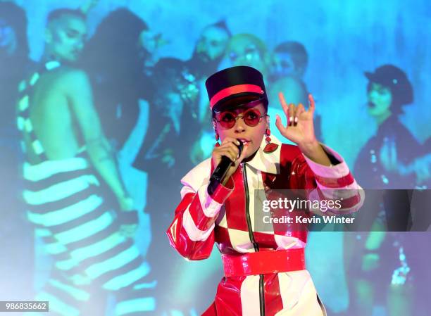 Janelle Monae performs at the Greek Theatre on June 28, 2018 in Los Angeles, California.