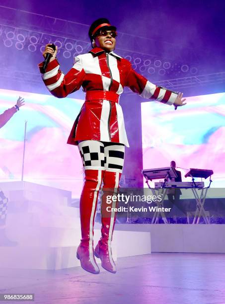 Janelle Monae performs at the Greek Theatre on June 28, 2018 in Los Angeles, California.