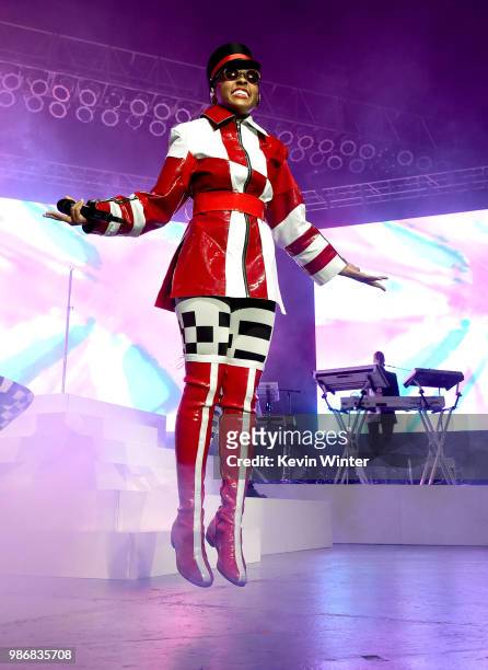 Janelle Monae performs at the Greek Theatre on June 28, 2018 in Los Angeles, California.