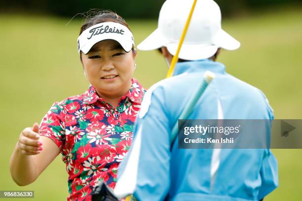 Hiromi Kamata of Japan reacts on the 8th green during the final round of the Sky Ladies ABC Cup at ABC Golf Club on June 29, 2018 in Kato, Hyogo,...