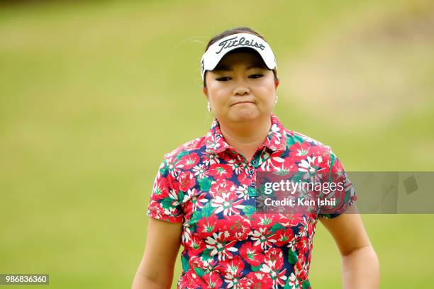 Hiromi Kamata of Japan reacts on the 8th green during the final round of the Sky Ladies ABC Cup at ABC Golf Club on June 29, 2018 in Kato, Hyogo,...