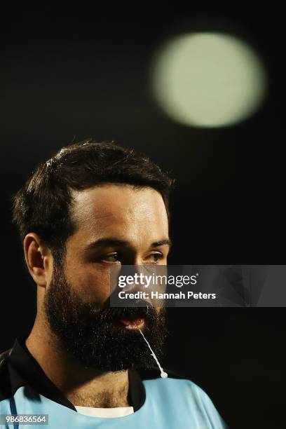 Aaron Woods of the Sharks looks on during the round 16 NRL match between the New Zealand Warriors and the Cronulla Sharks at Mt Smart Stadium on June...