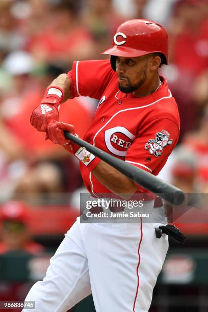 Billy Hamilton of the Cincinnati Reds bats against the Chicago Cubs at Great American Ball Park on June 23, 2018 in Cincinnati, Ohio.