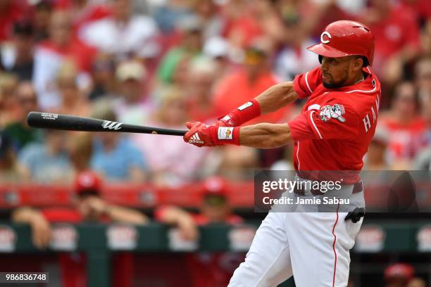 Billy Hamilton of the Cincinnati Reds bats against the Chicago Cubs at Great American Ball Park on June 23, 2018 in Cincinnati, Ohio.