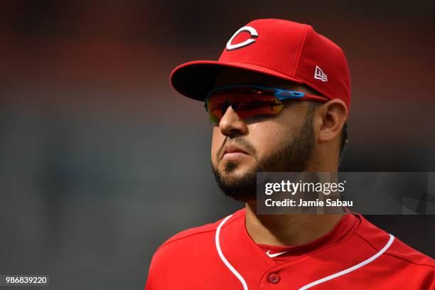 Eugenio Suarez of the Cincinnati Reds walks to the dugout against the Chicago Cubs at Great American Ball Park on June 23, 2018 in Cincinnati, Ohio.