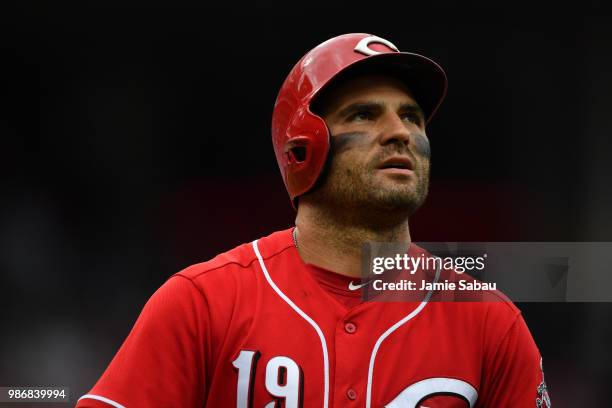 Joey Votto of the Cincinnati Reds prepares to bat against the Chicago Cubs at Great American Ball Park on June 23, 2018 in Cincinnati, Ohio.