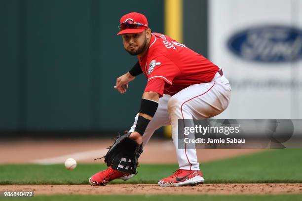 Eugenio Suarez of the Cincinnati Reds fields a ground ball against the Chicago Cubs at Great American Ball Park on June 23, 2018 in Cincinnati, Ohio.